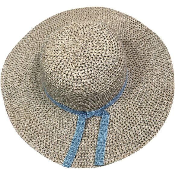 Tan Wide Brim with Blue Ribbon Straw Sun Hat - Picture 1 of 8